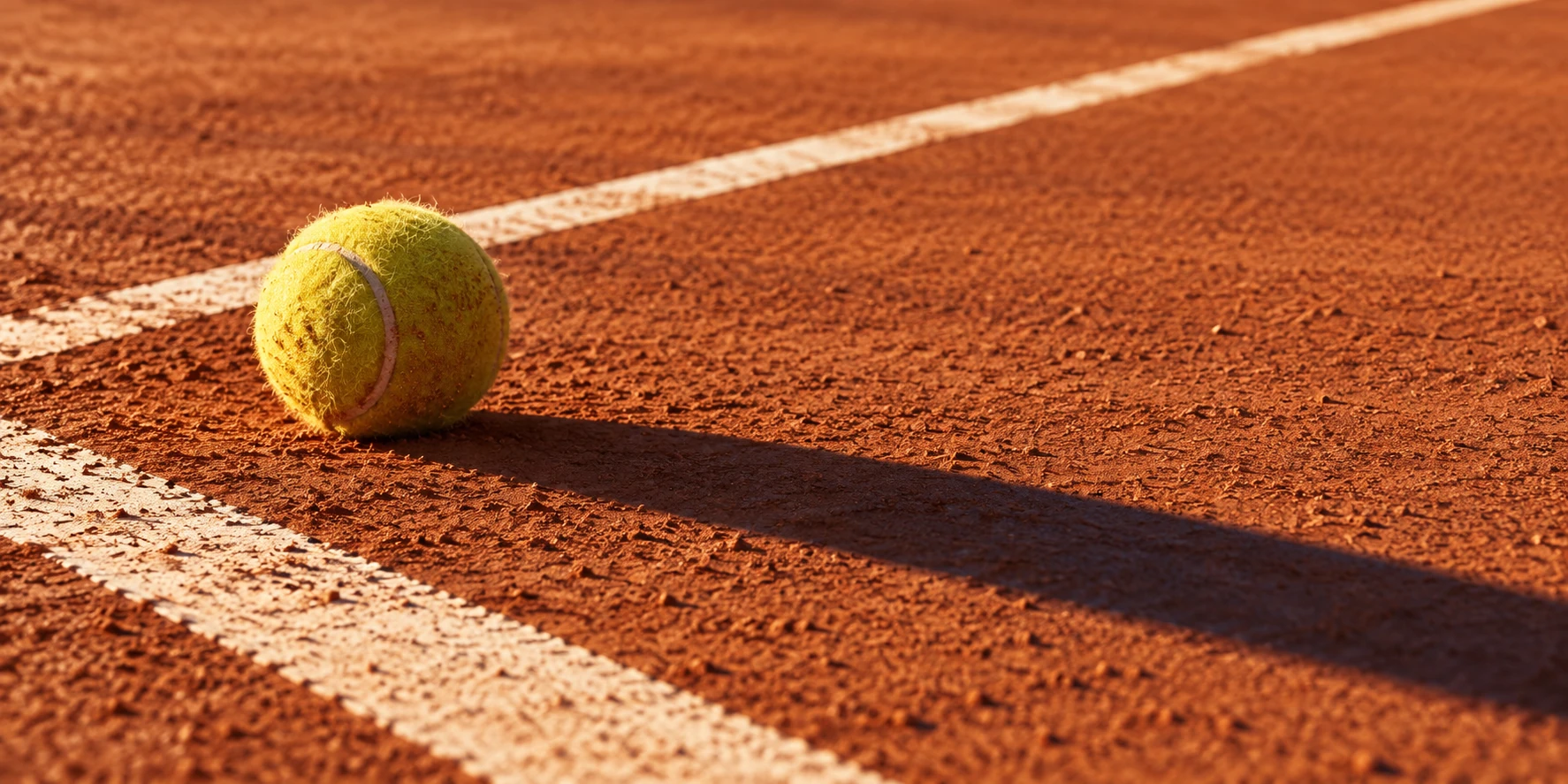 Una pelota de tenis sobre arcilla, junto a una línea blanca y una larga sombra de tarde.