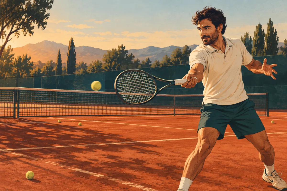 Ilustración de un entrenador ficticio practicando en una cancha de arcilla.